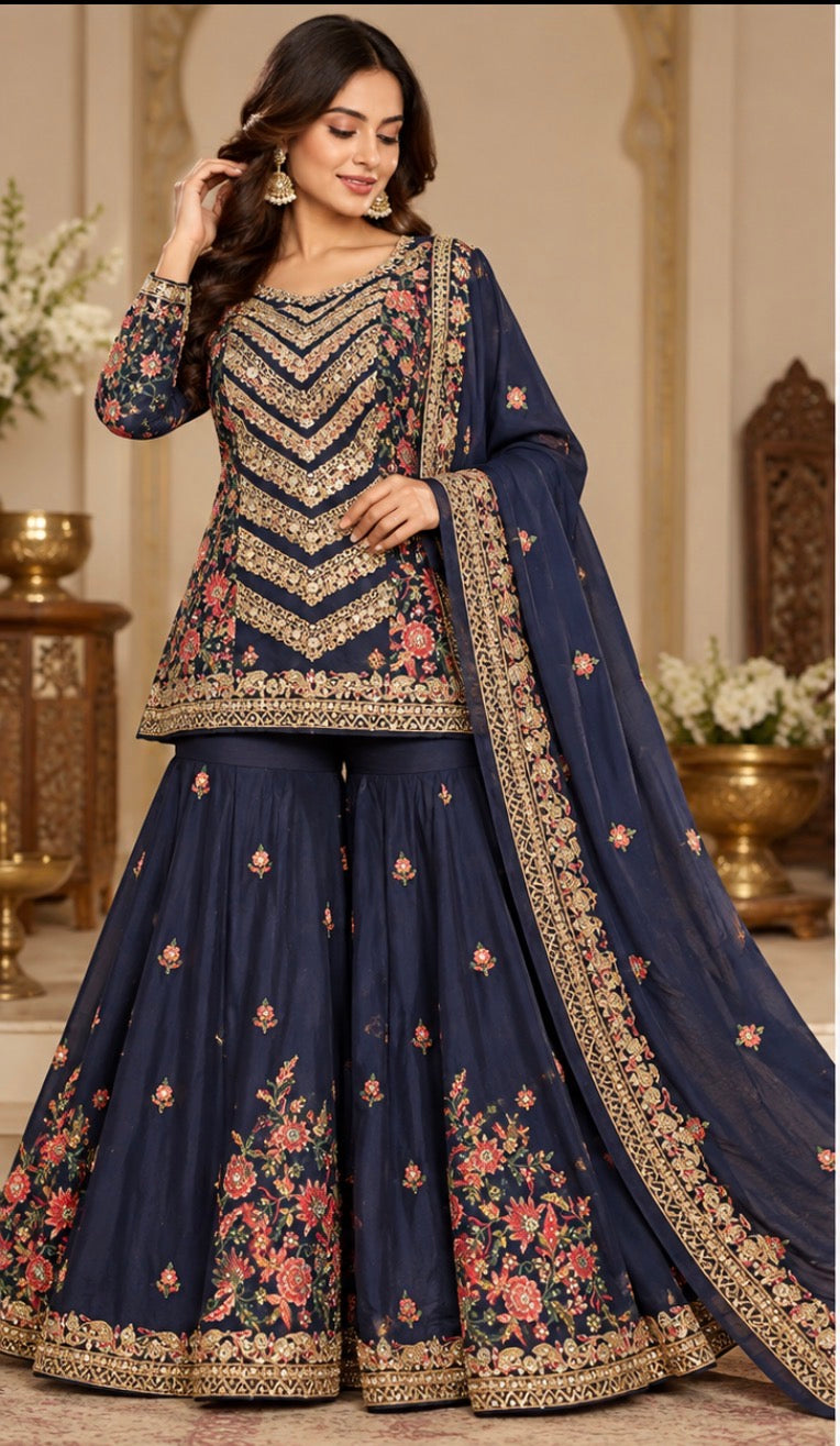 Indian Pakistani Outfit Shararas Salwar  Bollywood stylish Diwali Suit Size 44” Blue Y2