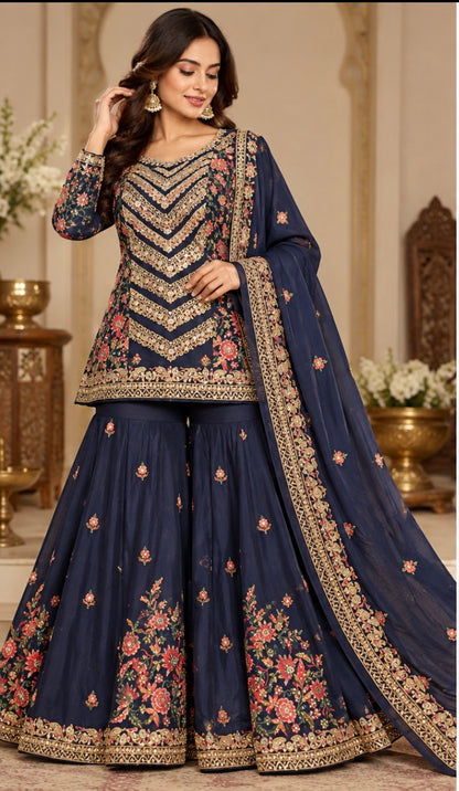 Indian Pakistani Outfit Shararas Salwar  Bollywood stylish Diwali Suit Size 44” Blue Y2