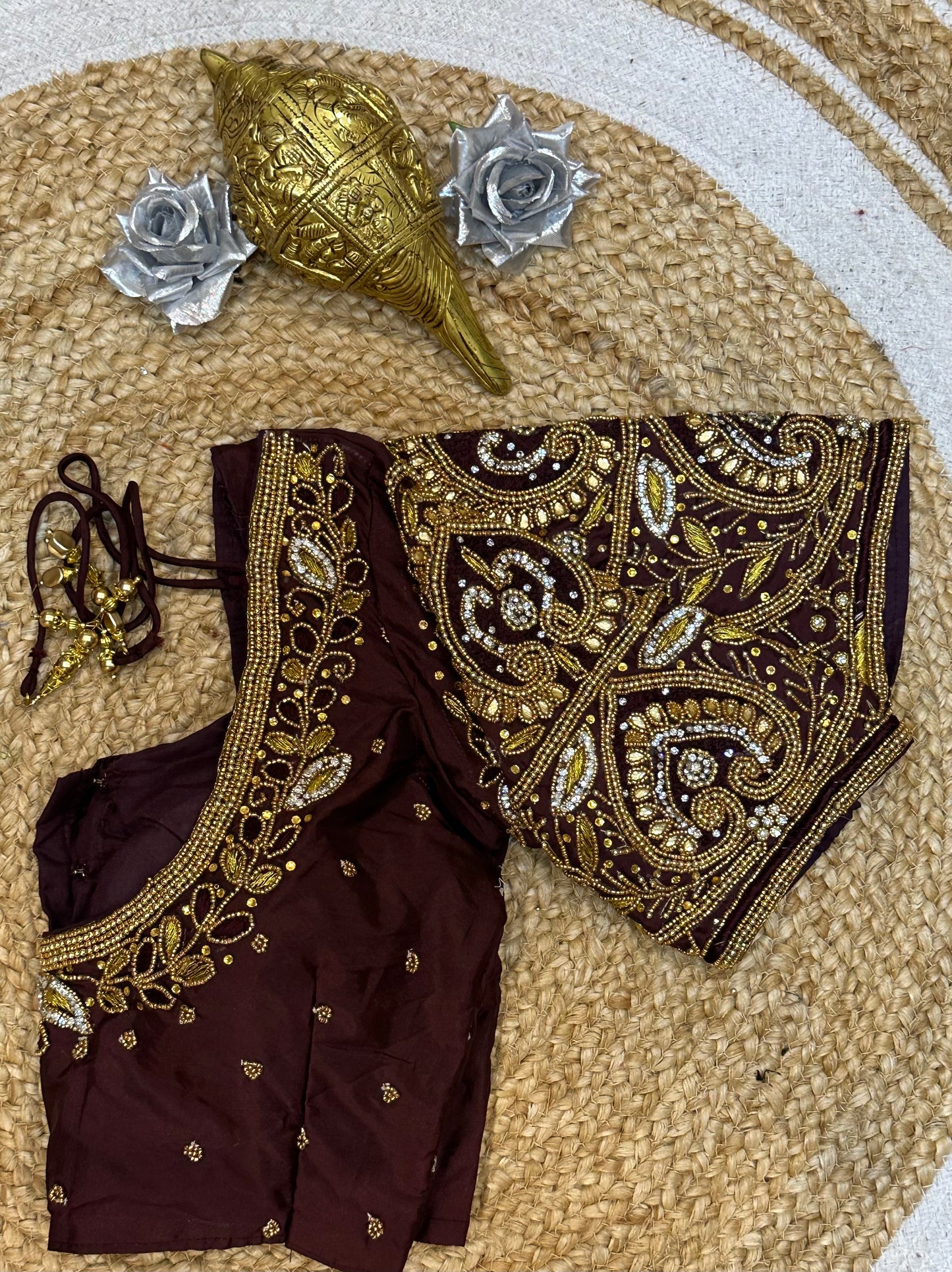 34” XS Aari Worked Sari Blouse Indian Saree Top Silk Burgundy B111