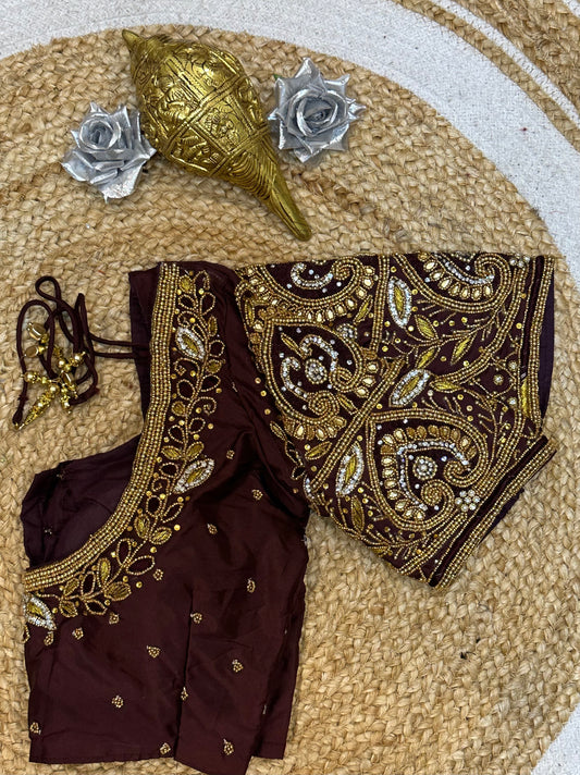 34” XS Aari Worked Sari Blouse Indian Saree Top Silk Burgundy B111