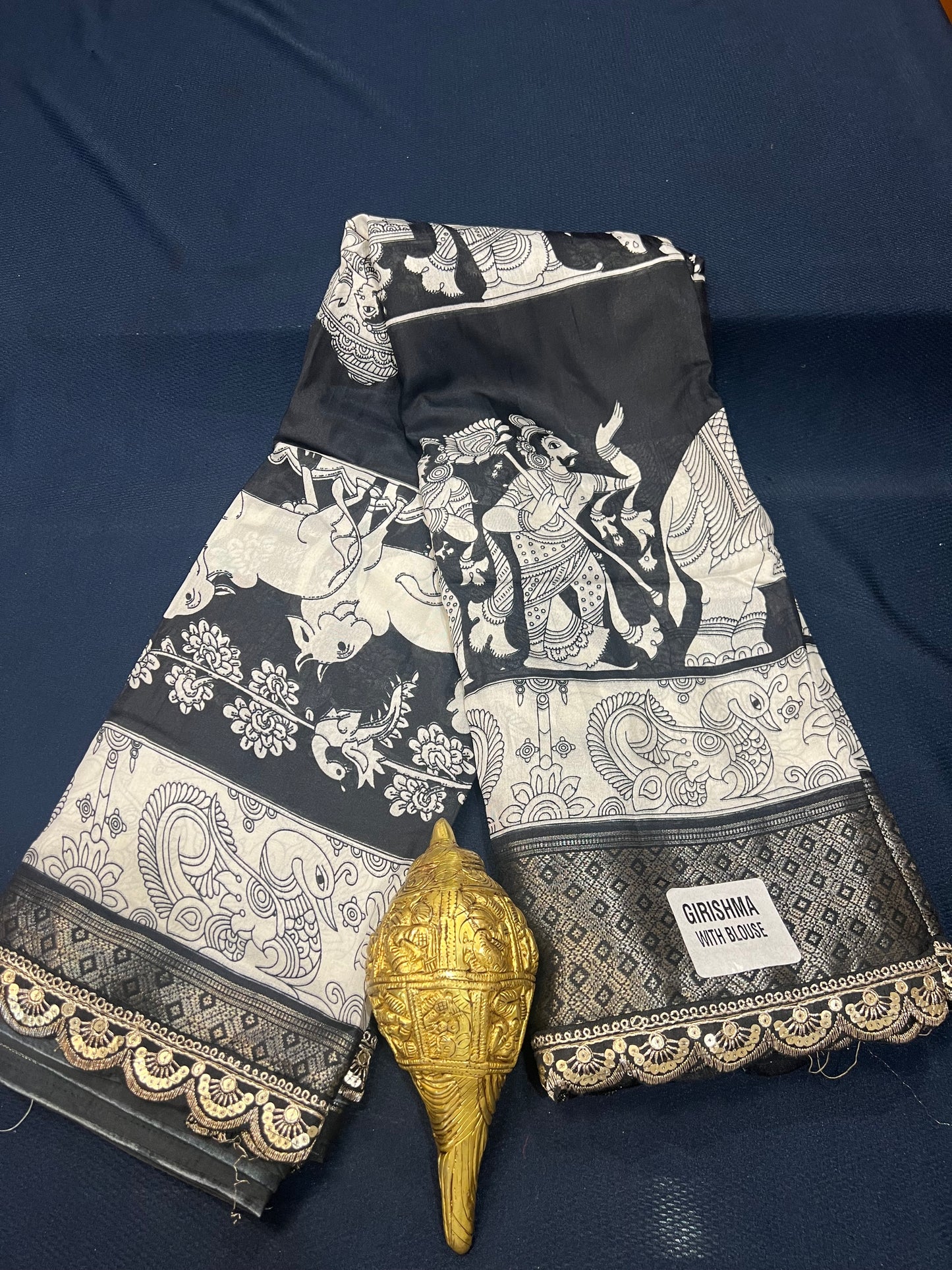 Kalamkari black and white Sari Indian casual Saree C6