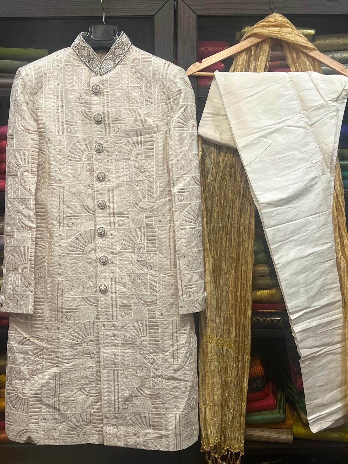 36” Small size Men’s Kurta Indian Ceam & Maroon Sherwani Bollywood outfit M14