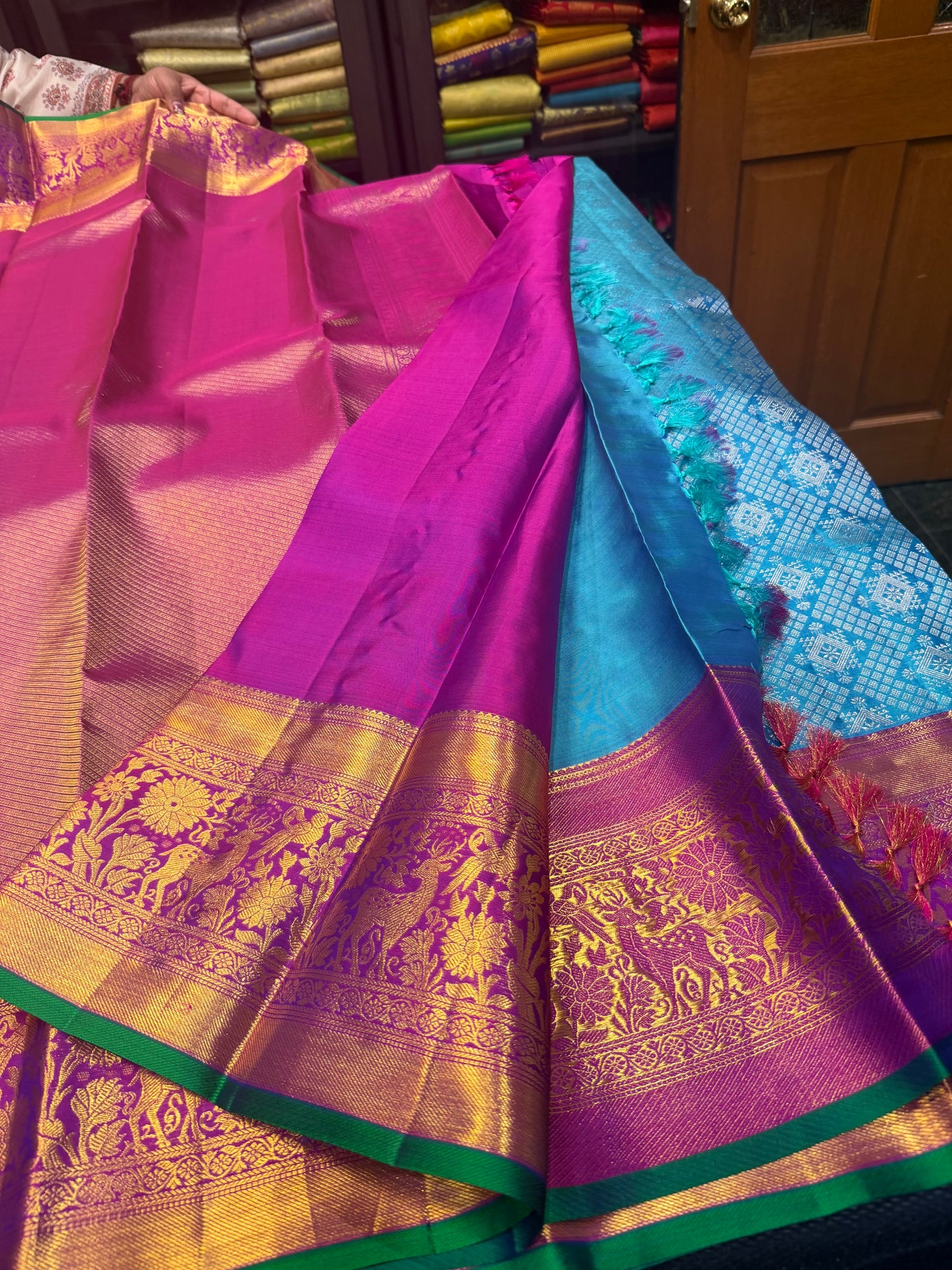 Korvai Kanchipuram Pure Silk Saree Bridal Handloom Indian Kanjivaram Sari Blue SPK355
