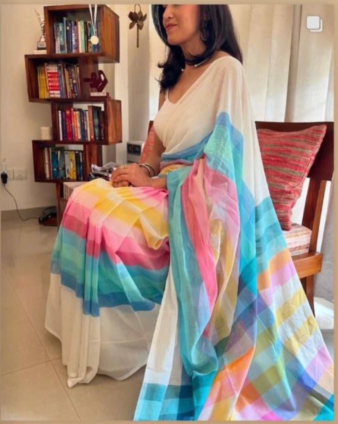 MUL Cotton White Rainbow Sari Indian casual Saree C25