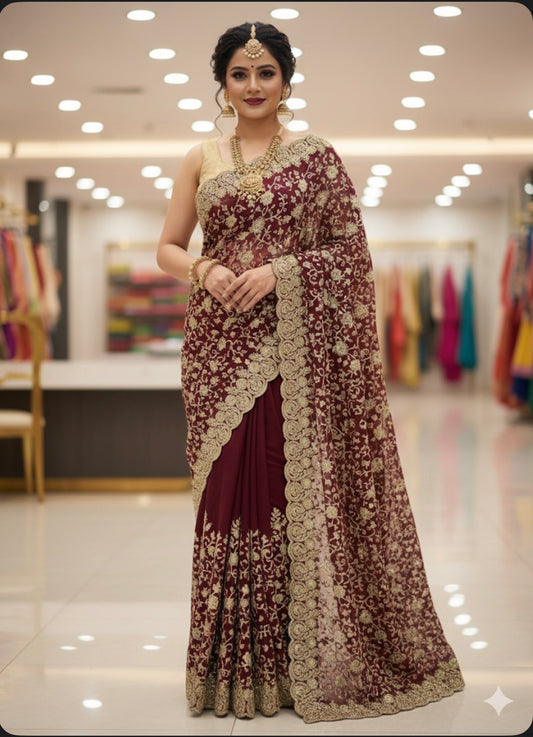 Maroon Fancy Party wear Georgette Pearl Sari Indian Saree S46