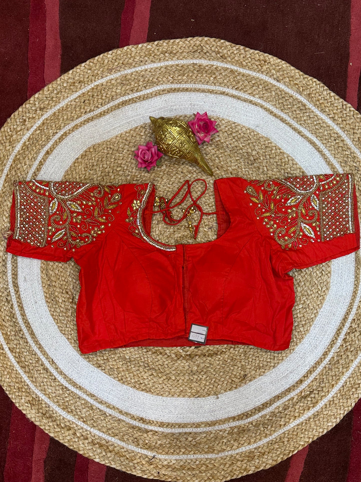 40” Size 10 Aari Worked Sari Blouse Indian Saree Top Silk Red B99