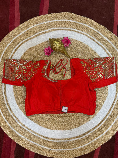 40” Size 10 Aari Worked Sari Blouse Indian Saree Top Silk Red B99