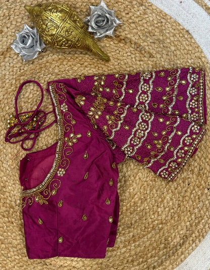 34” XS Aari Worked Sari Blouse Indian Saree Top Silk Magenta B106