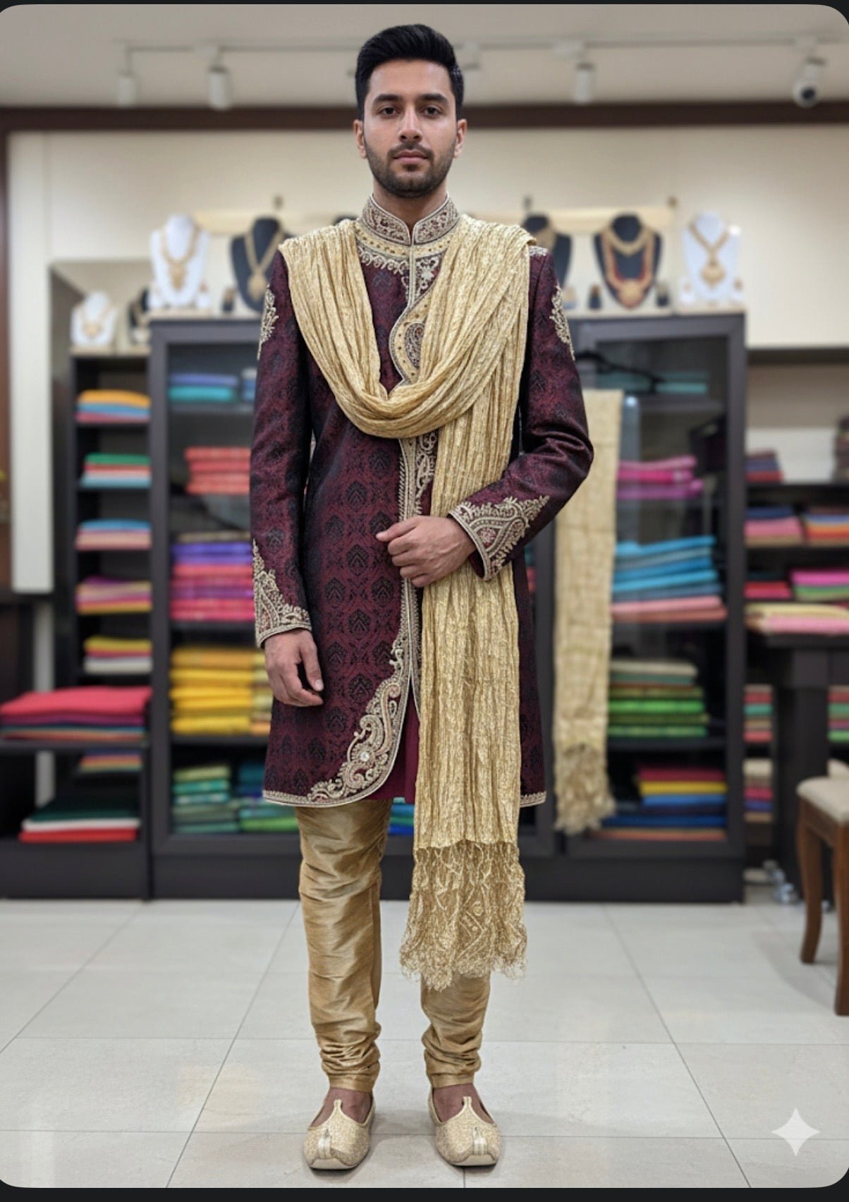 40” Large size Men’s Kurta Indian Gold & Maroon Sherwani Bollywood outfit M10