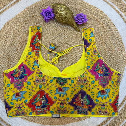 Mango Yellow Precision Printed 44” Size 14 Sari Blouse Indian Saree Top B407