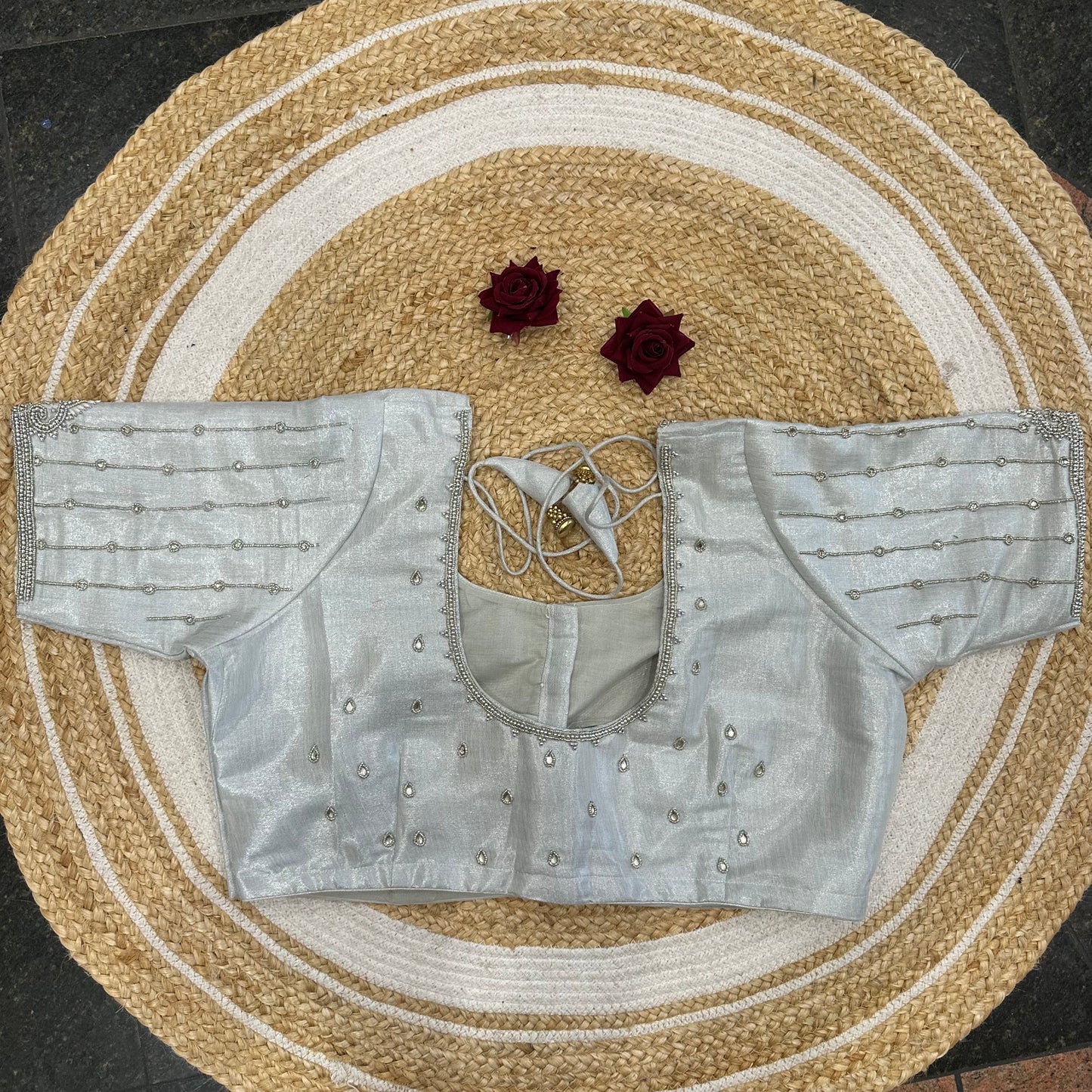46” Size 16 Aari Worked Sari Blouse Indian Saree Top Silk Silver B413
