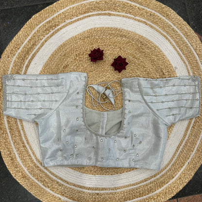 46” Size 16 Aari Worked Sari Blouse Indian Saree Top Silk Silver B413