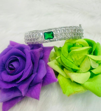 Silver AD Cuff Bangle | Bracelet with Green Colour Stone | BB02