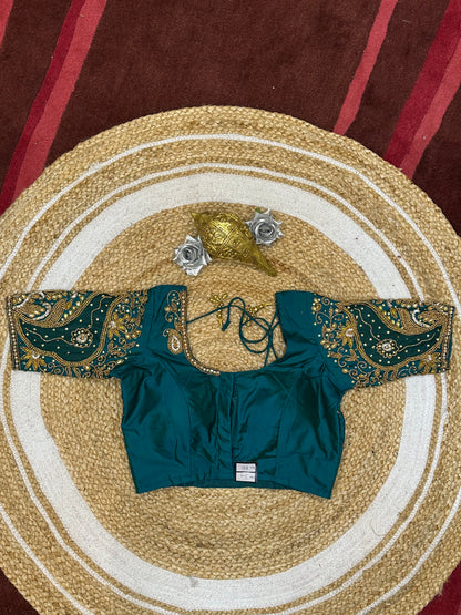 34” XS Aari Worked Sari Blouse Indian Saree Top Silk Turquoise B121