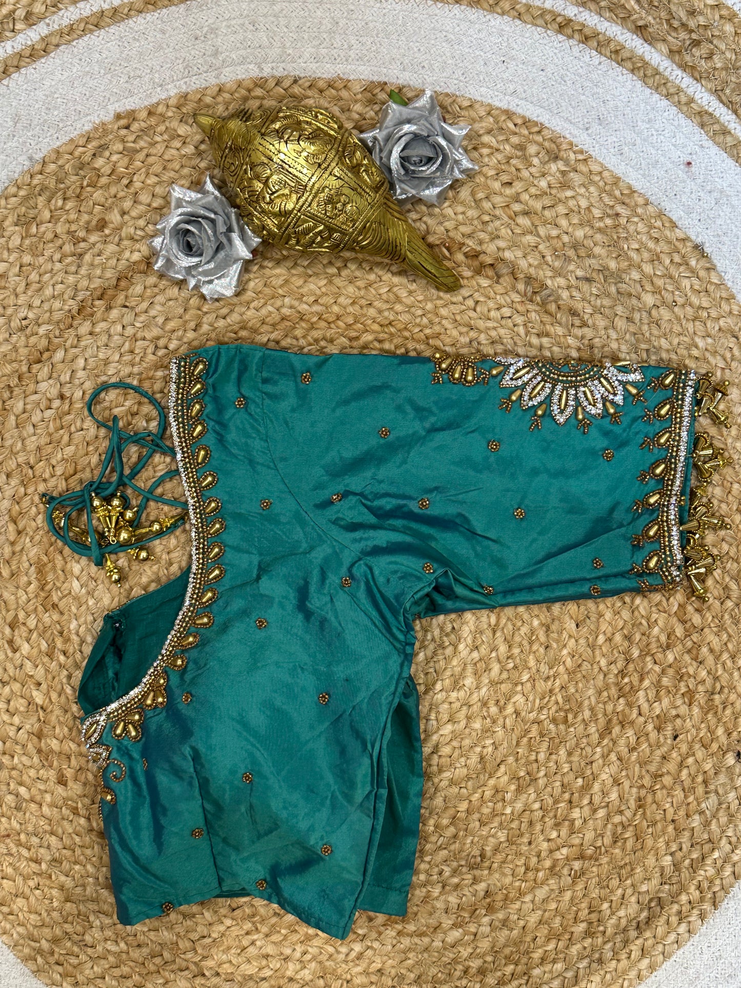 34” XS Aari Worked Sari Blouse Indian Saree Top Silk Turquoise B119