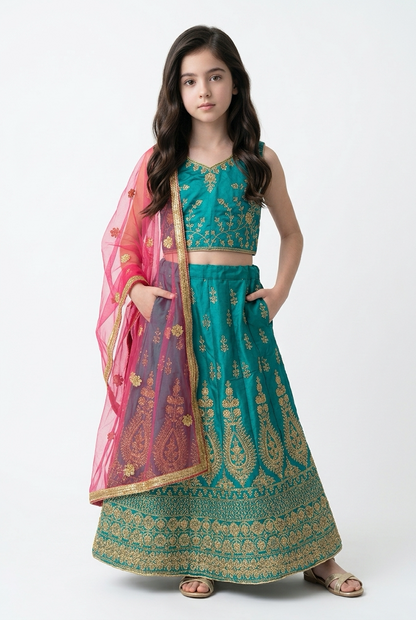 32” Size 8 to 9 Indian Lehenga Green Pavadai Sattai Skirt Top G70 Col 5