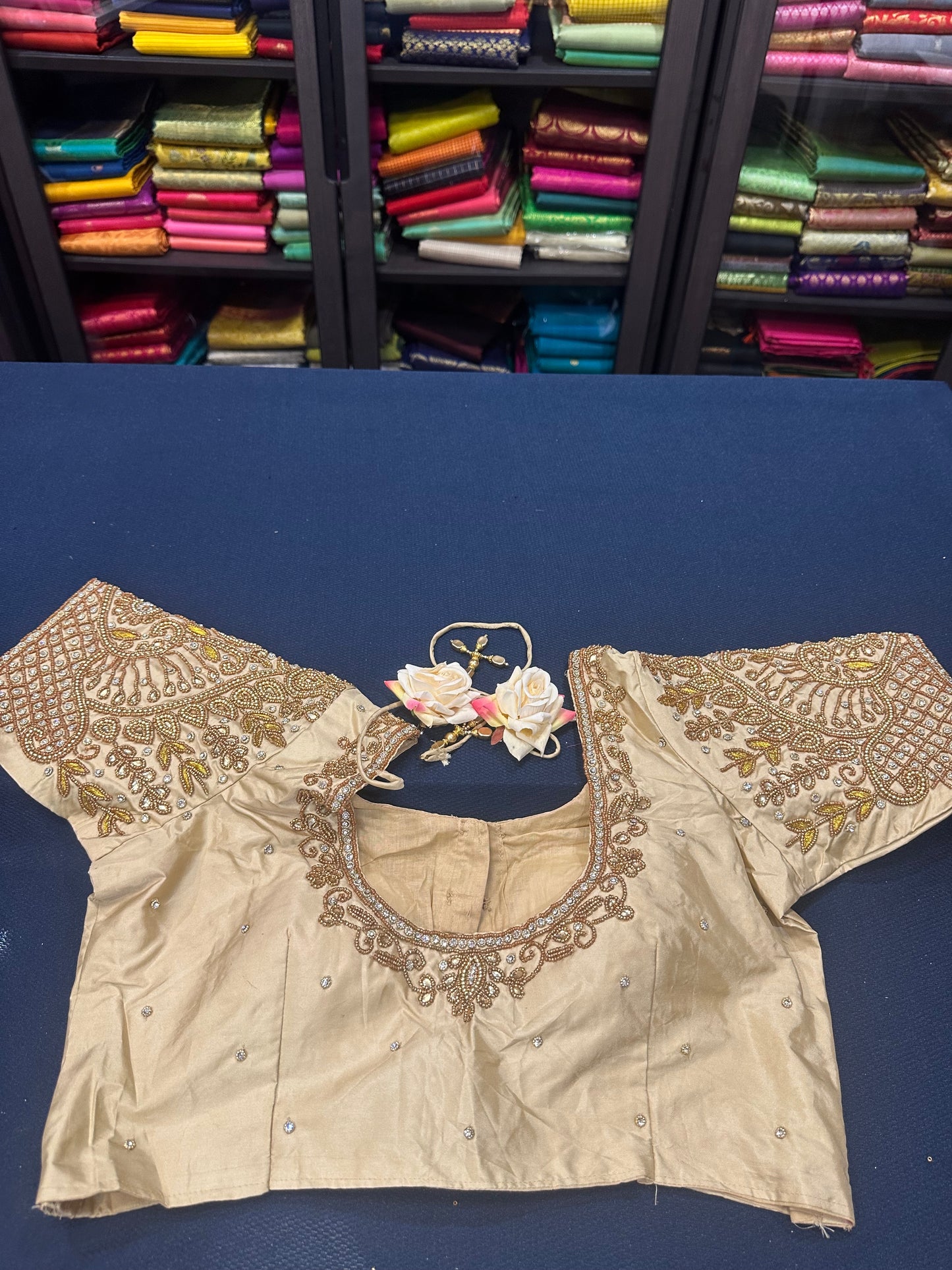 40” Aari hand Worked Sari Blouse Indian Top Choli Silk Gold B7