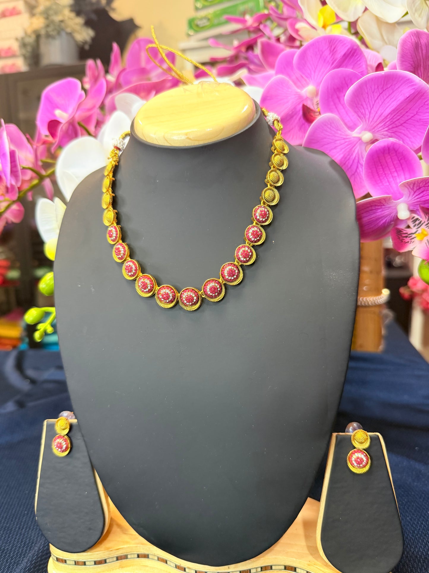 Indian Necklace & Earrings Ruby Pink Addiyal Jewellery Set V4