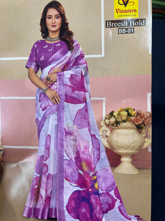 White & Pink Digital Printed Linen Sari Indian casual Saree C5