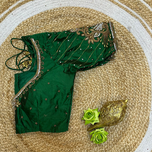 44” Size 14 Aari Worked Sari Blouse Indian Saree Top Silk Green B247