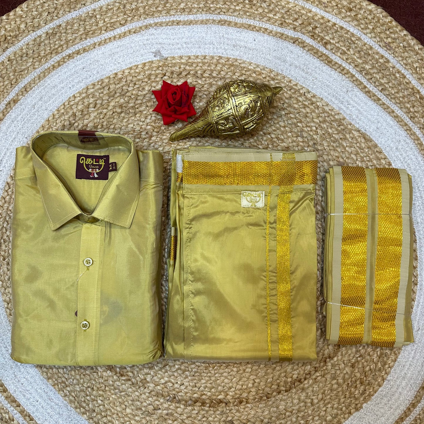 38” Med Men’s South Indian Vesti Shirt Combo Gold Silk Dhotti V13