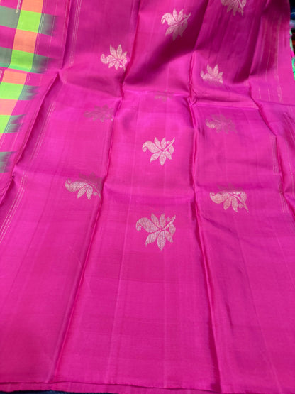Checkered Kanchipuram Pure Silk Saree Multi Colour Kanjivaram Sari SPK424