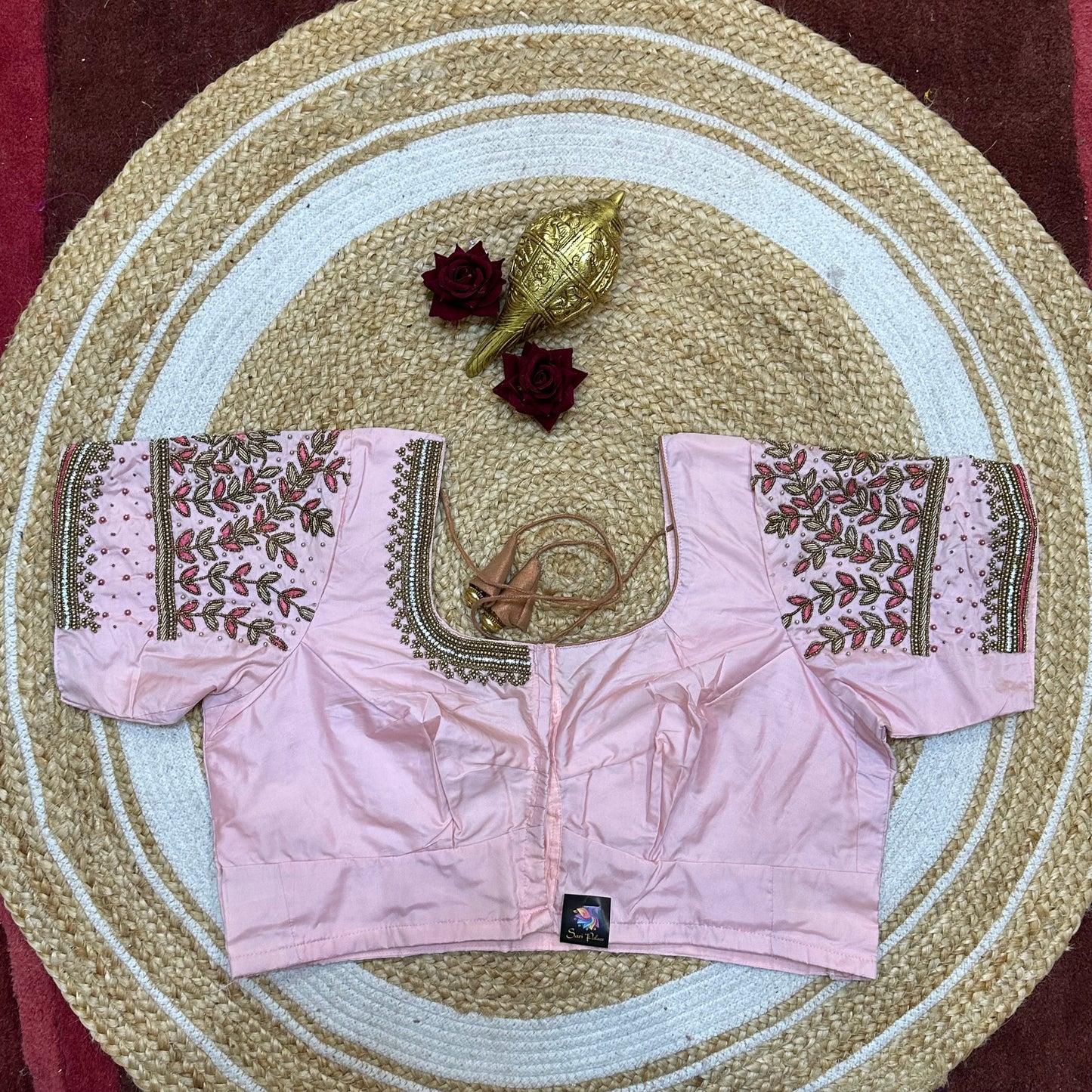 44” Size 14 Aari Worked Sari Blouse Indian Saree Top Silk Baby Pink B256