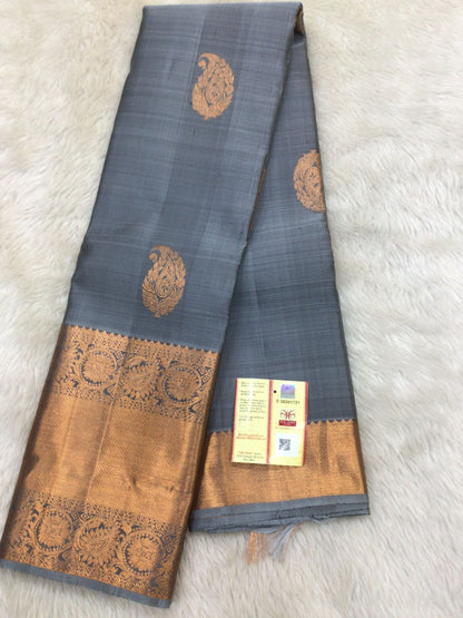 Kanchipuram Pure Silk Saree Grey & Copper Kanjivaram Sari| SPK135