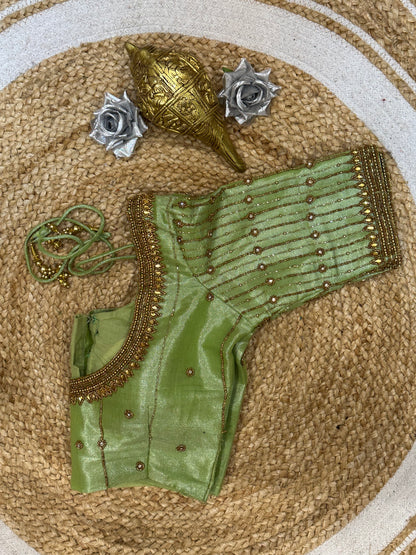 34” XS Aari Worked Sari Blouse Indian Saree Top Tissue Silk Green B112