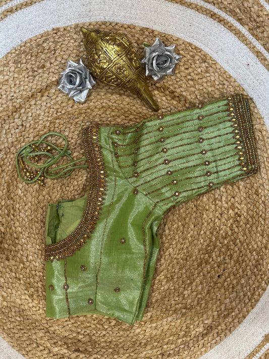 34” XS Aari Worked Sari Blouse Indian Saree Top Tissue Silk Green B112