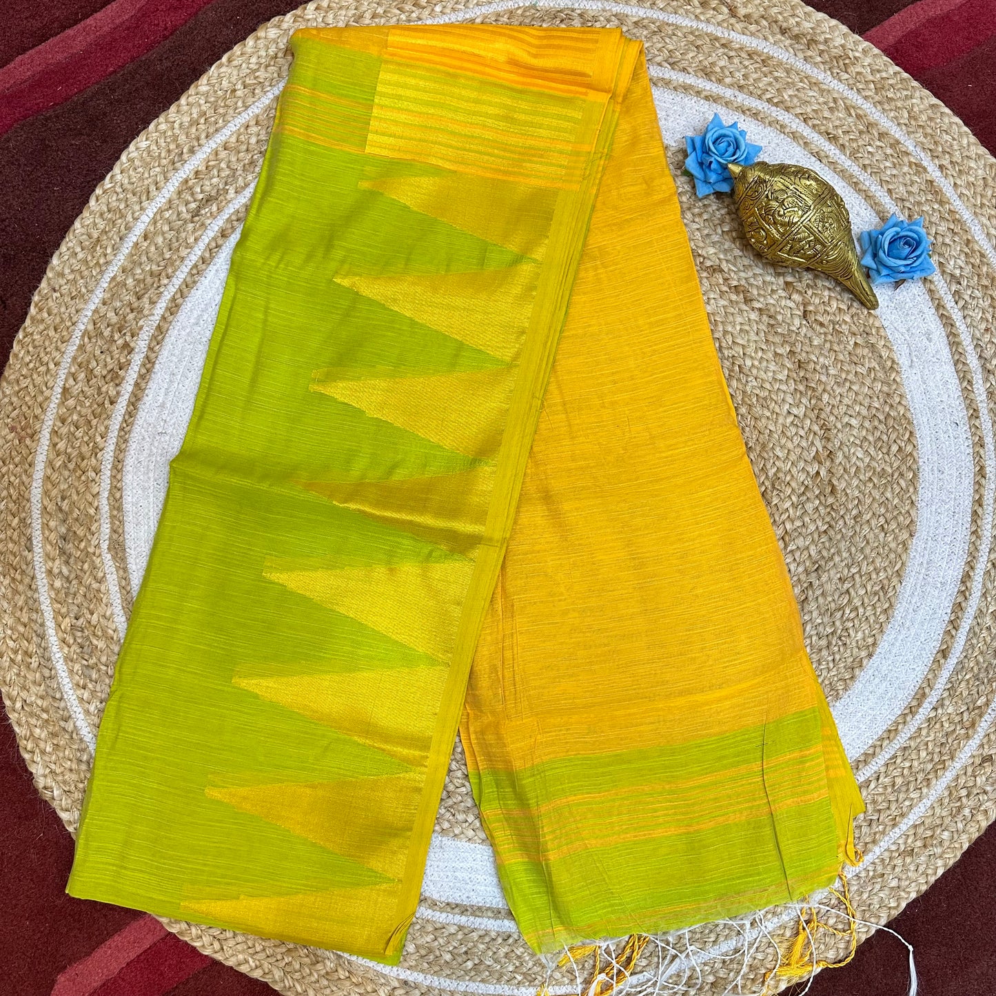 Green & Pink Soft Slab Cotton Linen Sari Indian Saree with temple border C1