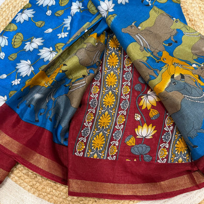 Blue Indian Casual wear Saree Kalamkari Printed Sari S143
