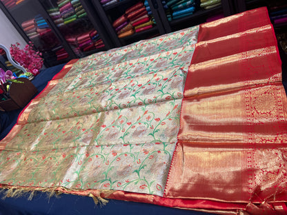 Bridal Tissue Kanchipuram Pure Silk Saree Gold & Red Kanjivaram Sari| SPK115