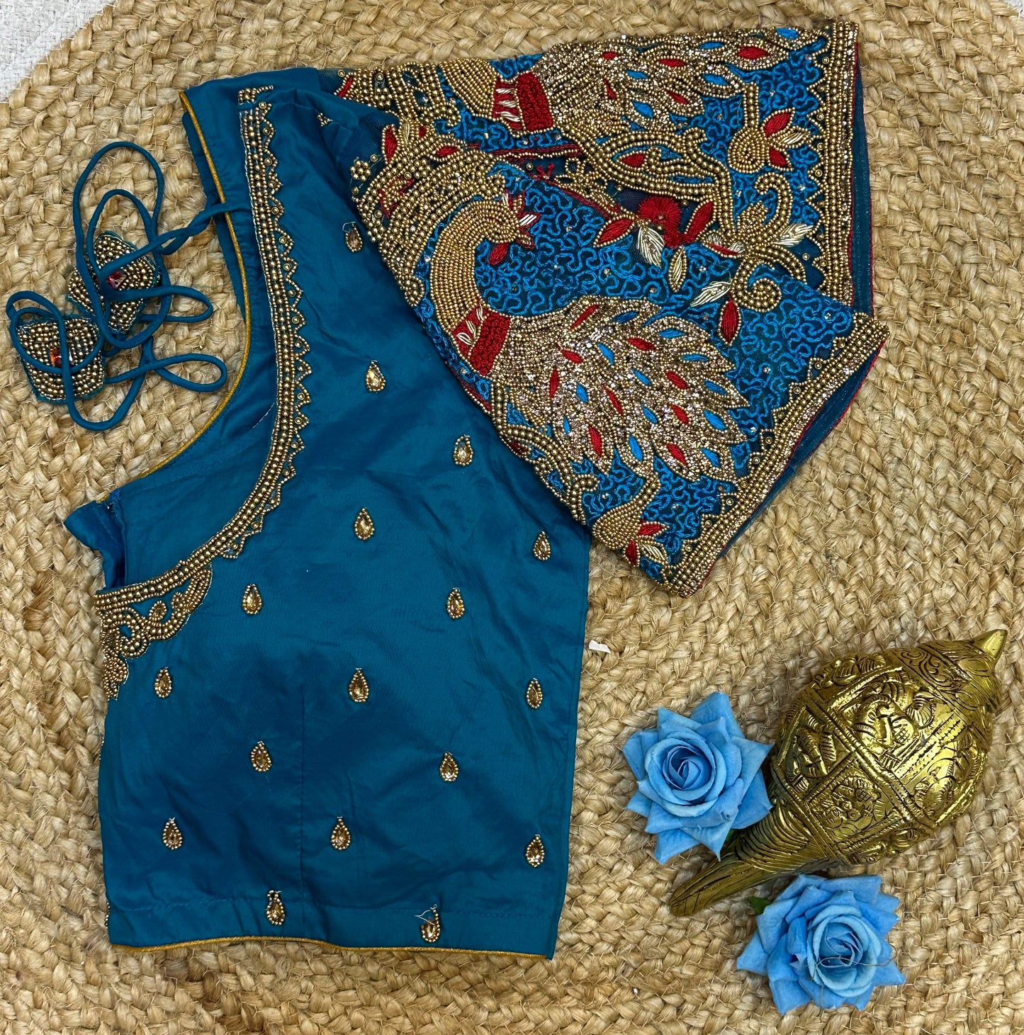 36” Small size Aari Worked Sari Blouse Indian Saree Blue Top B199