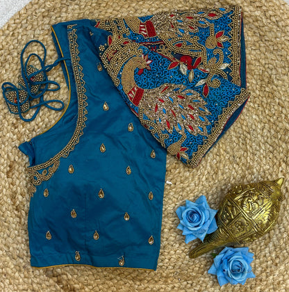 36” Small size Aari Worked Sari Blouse Indian Saree Blue Top B199