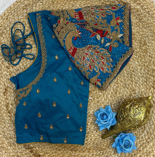 36” Small size Aari Worked Sari Blouse Indian Saree Blue Top B199