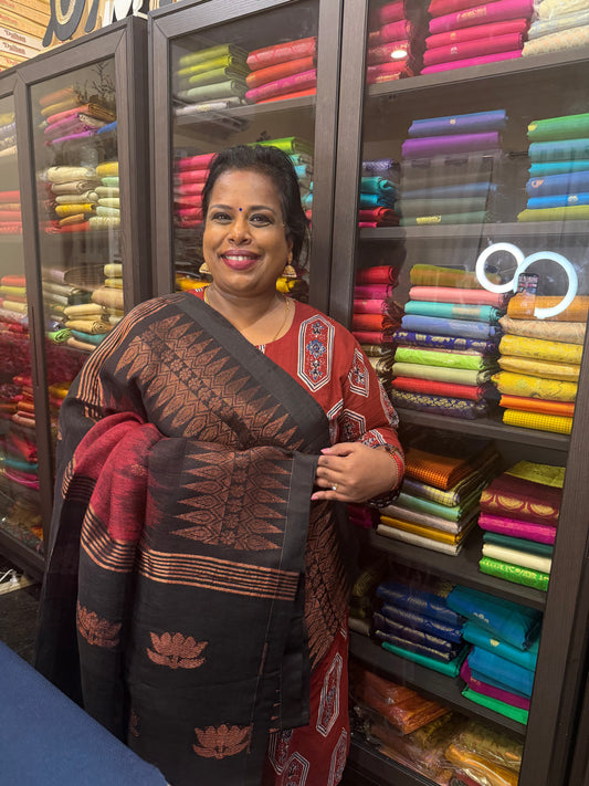 Silk Cotton Linen Sari Indian Saree Copper Jari Maroon Black S129