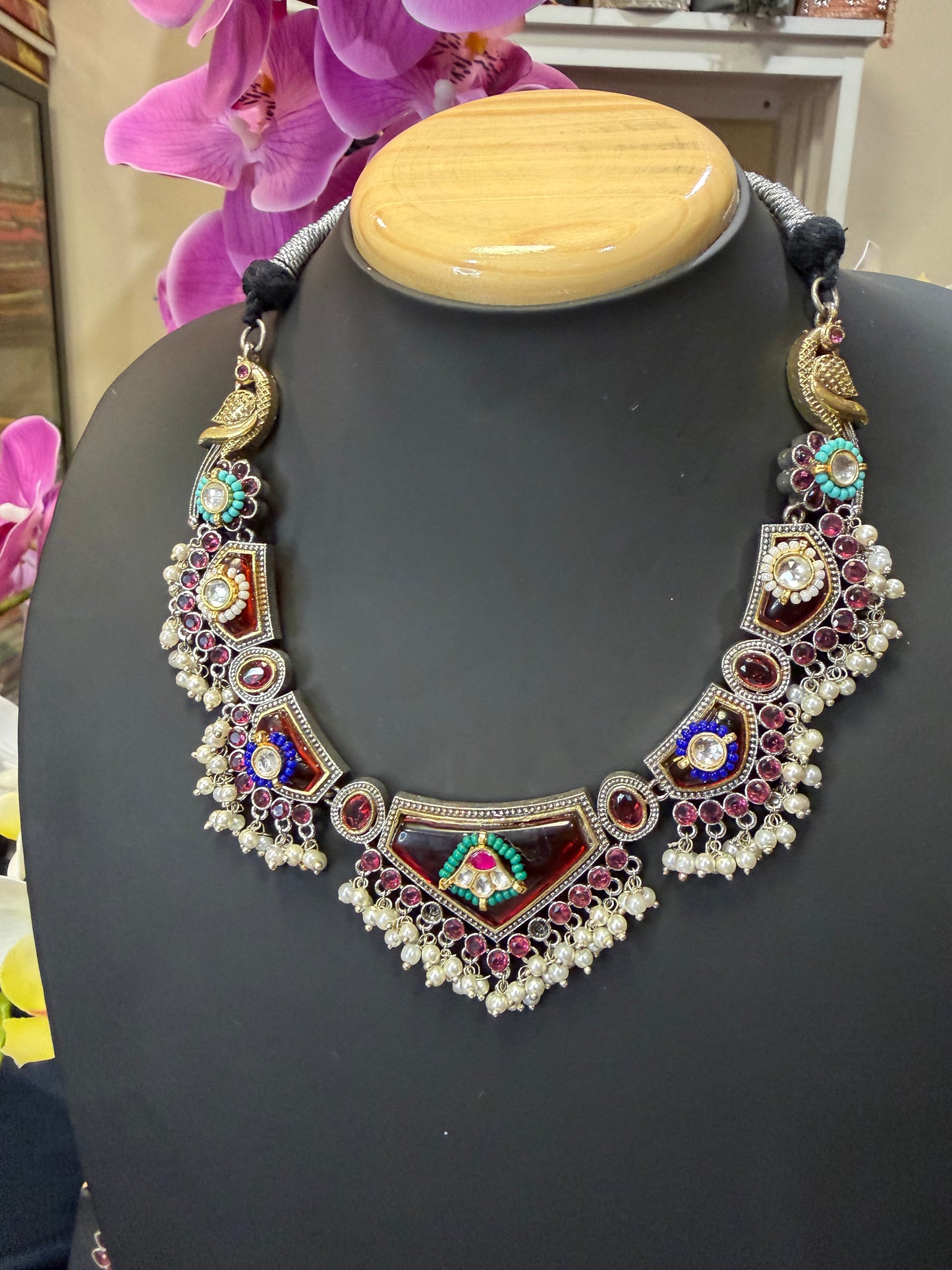 Handmade Brass Necklace with Silver polish Indian Tribal Maroon Jewellery N95