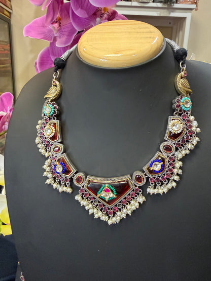 Handmade Brass Necklace with Silver polish Indian Tribal Maroon Jewellery N95