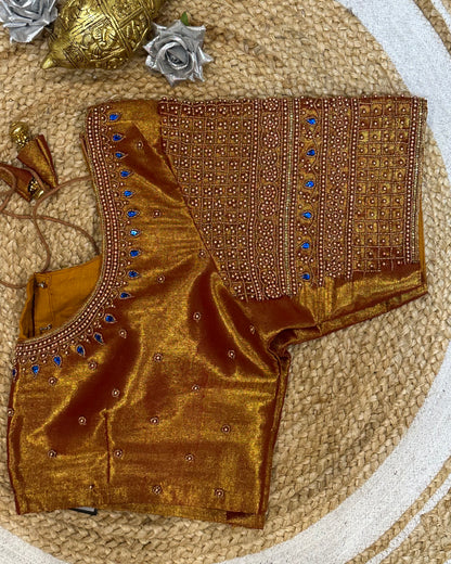 44” Size 14 Aari Worked Sari Blouse Indian Saree Top Tissue Silk B134