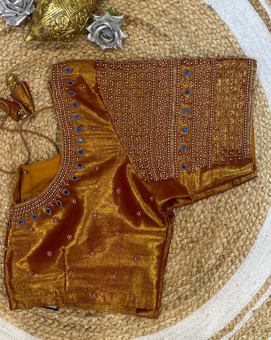 44” Size 14 Aari Worked Sari Blouse Indian Saree Top Tissue Silk B134