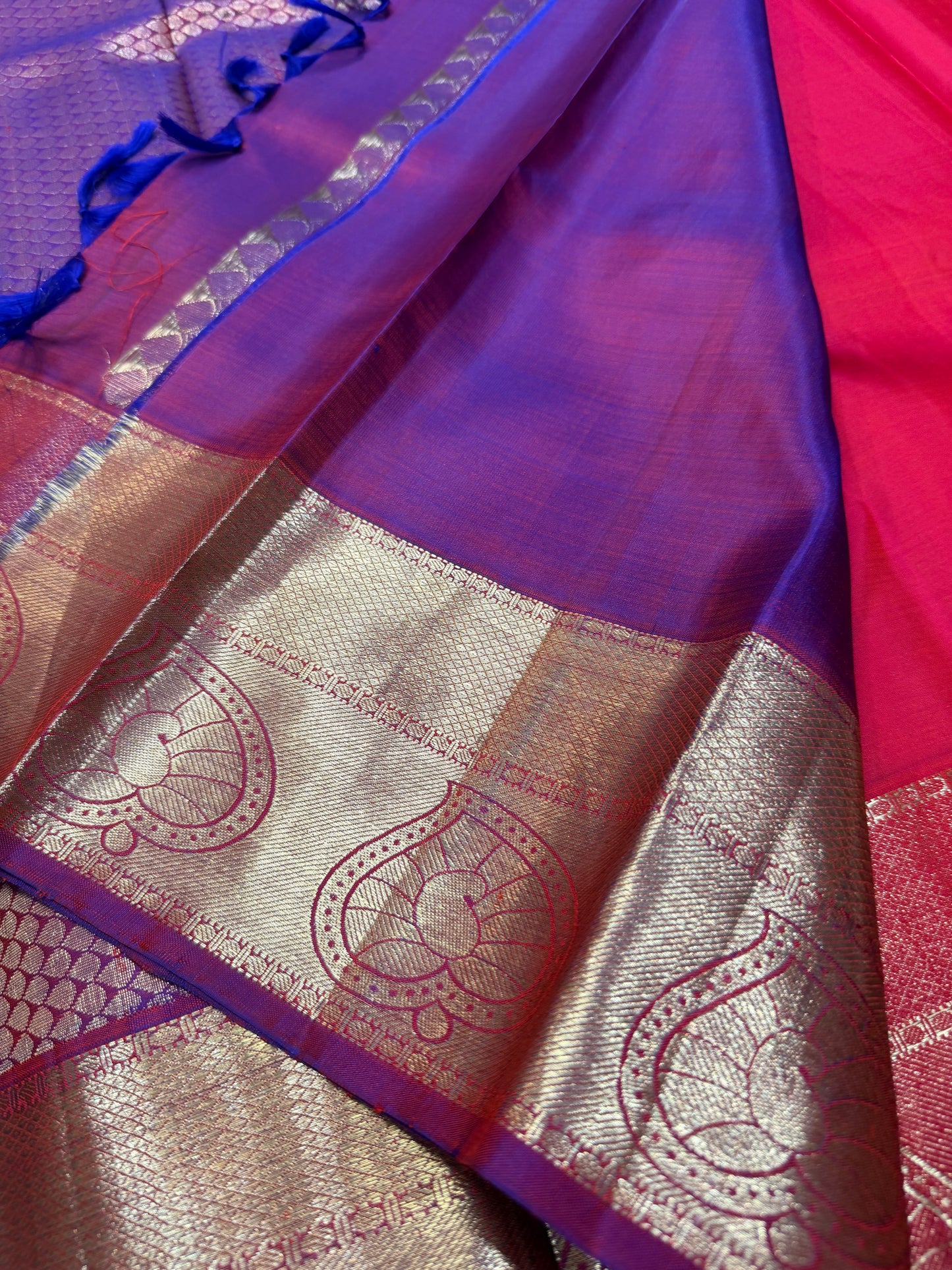 Kanchipuram Pure Silk Saree with Gold Zari Pink & Purple Sari| SPK079