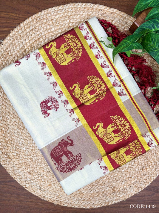 Maroon Elephant Kerala Vishu Sari Indian Cream Tissue Saree C7