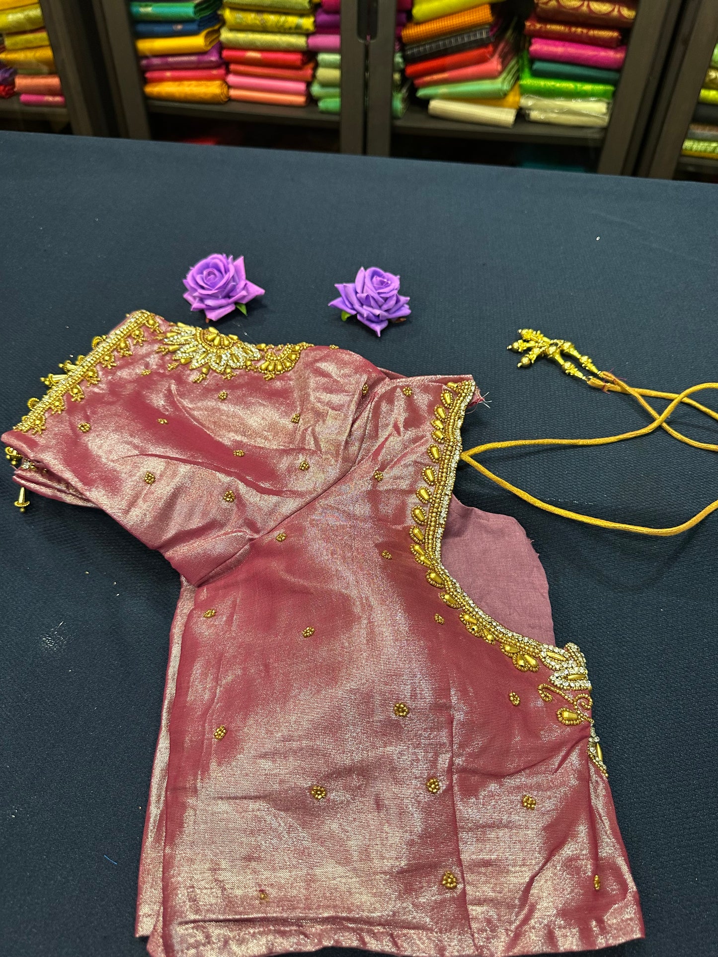 40” Aari hand Worked Sari Blouse Indian Top Choli Silk Onion Pink B3