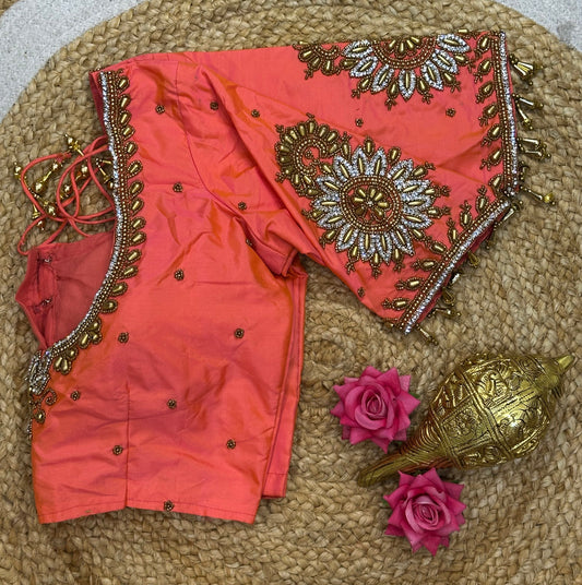 36” Small size Aari Worked Sari Blouse Indian Saree Metallic Green B202