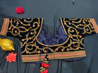 42” Navy Blue Velvet Sari Blouse Indian Top Choli B2