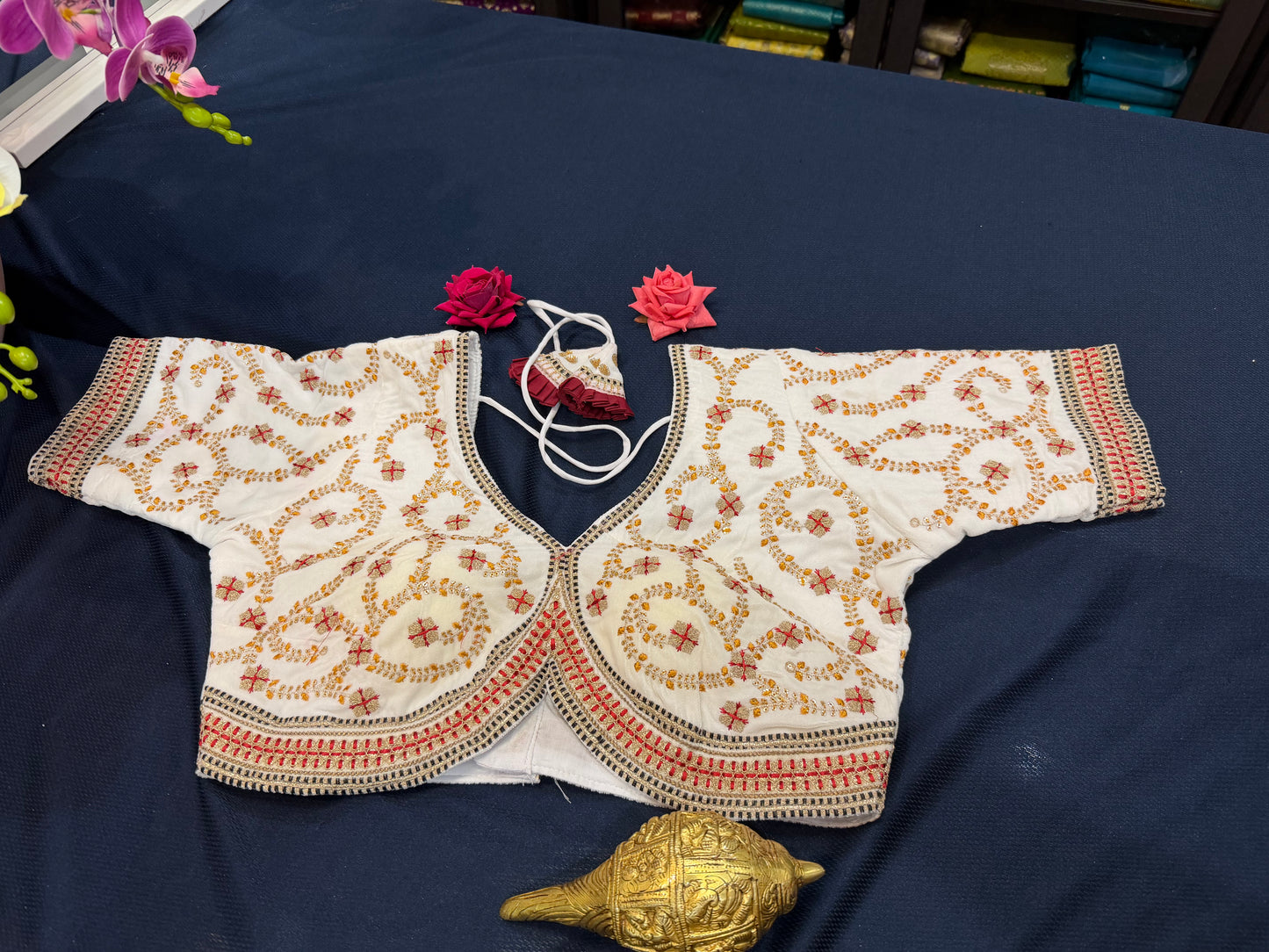 40” White Velvet Sari Blouse Indian Top Choli B1