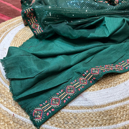 Sequins Net Sari Indian Fancy Saree Bottle Green V1