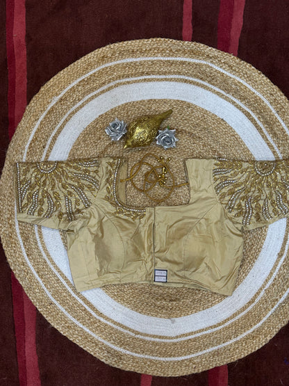 44” Size 14 Aari Worked Sari Blouse Indian Saree Top Silk Creamy Gold B135