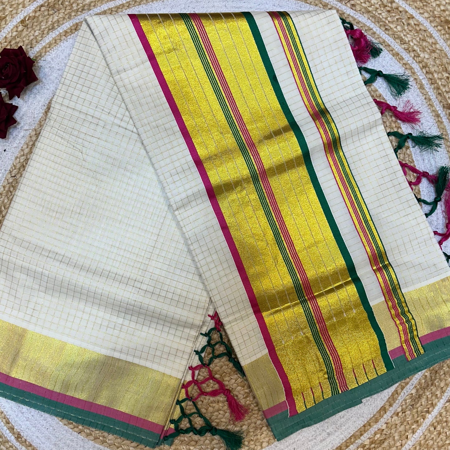 Kerala Vishu Sari Indian hand Printed Kasavu Onam Saree C36 Col 6